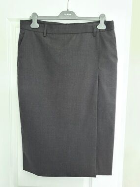 Prada Virgin Wool Dark Charcoal Gray Tailored Midi Pencil Skirt with Slit Detail